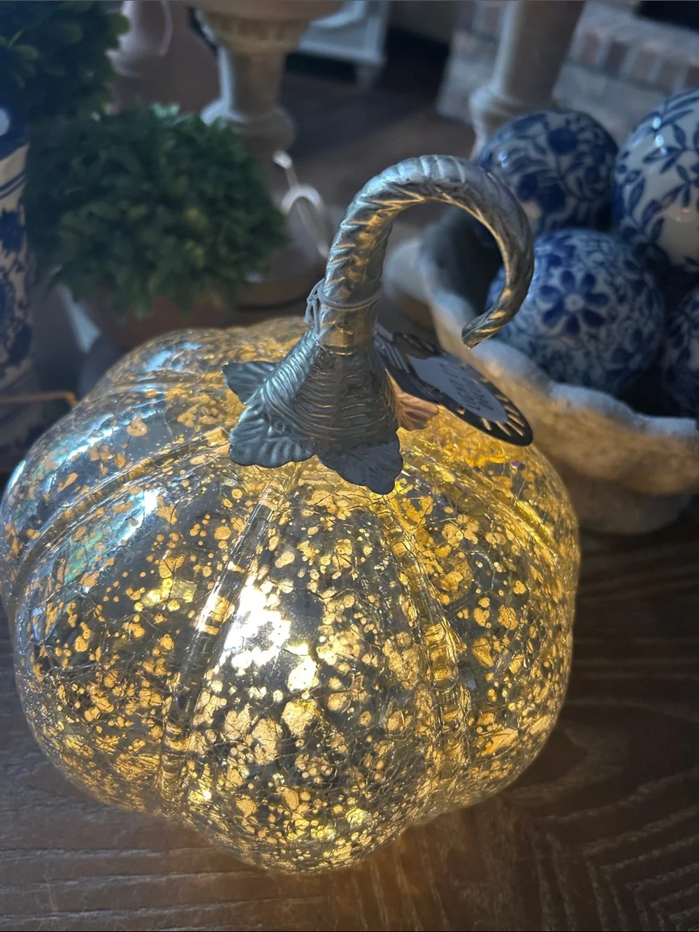 NEW! Vintage Inspired Mercury Glass Silver Fall Harvest Pumpkin  Light